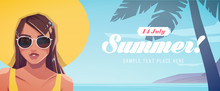 Illustration Of Girl In A Hat On A Tropical Landscape Background. Summer Vacation Poster Or Flyer