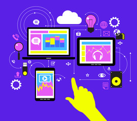 Wall Mural - social network mockup. network concept. abstract illustration of computer, tablet, phone and interfa