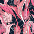 Seamless pattern, hand drawn pink tulip flowers on dark blue background