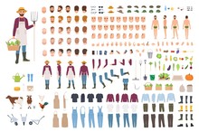 Farmer, Farm Or Agricultural Worker Constructor Or DIY Kit. Set Of Male Character Body Parts, Facial Expressions, Clothes, Working Tools Isolated On White Background. Cartoon Vector Illustration.