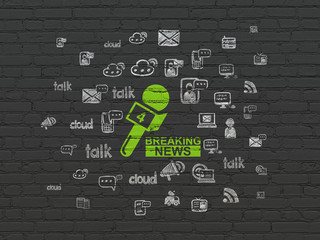 Canvas Print - News concept: Painted green Breaking News And Microphone icon on Black Brick wall background with  Hand Drawn News Icons