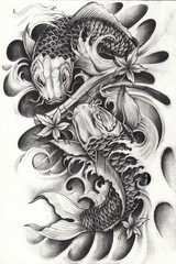 Fancy carp fish tattoo design by hand pencil drawing on paper.