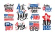 Collection of USA Independence Day lettering written with artistic calligraphic fonts and decorated. Set of handwritten holiday inscriptions isolated on white background. Vector illustration.