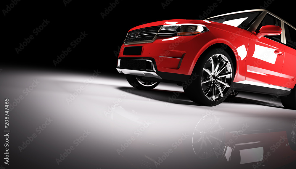 Modern red SUV car in a spotlight on a black background. - obrazy, fototapety, plakaty 