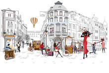Series Of The Street Cafes With People, Men And Women, In The Old City, Vector Illustration. Waiters Serve The Tables. 