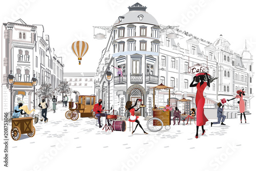 Series of the street cafes with people, men and women, in the old city, vecto...