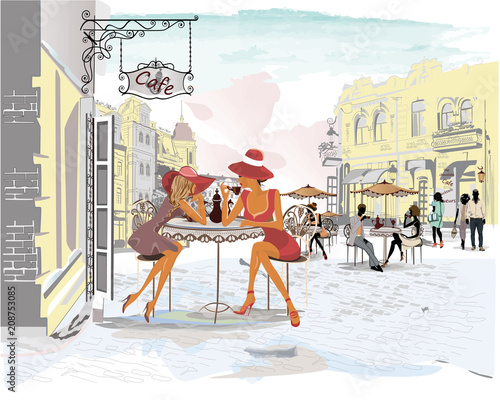 Series of the street cafes with people, men and women, in the old city, vecto...