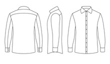 White Blank Business Mans Shirt With Long Sleeves And Buttons In Front, Side, Back Views. Outline Vector Template Isolated