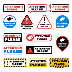 Poster - Attention please message vector signs. Alert important information labels