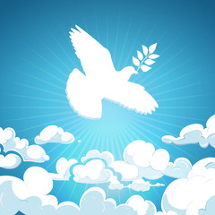 Canvas Print - Dove of peace flying in the sky. White pigeon with branch background concept