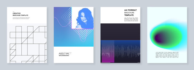 Minimal brochure templates with colorful abstract gradient blurs and geometric backgrounds. Templates for flyer, leaflet, brochure, report, presentation, advertising.