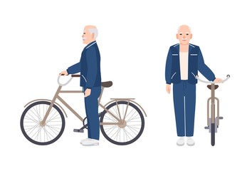 Sticker - Elderly man or grandfather dressed in sport apparel standing beside bike