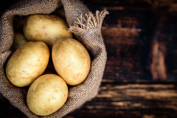 Wall Mural - Raw potatoes in a linen bag on dark wooden background with copy space.