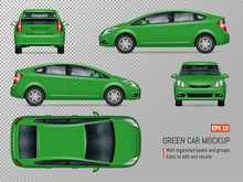 
Green Car Vector Mockup On Transparent Background For Vehicle Branding, Corporate Identity. View From Side, Front, Back, Top.