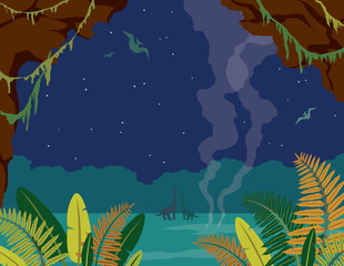 Wall Mural - Prehistoric landscape with cave, dinosaurs and night sky.