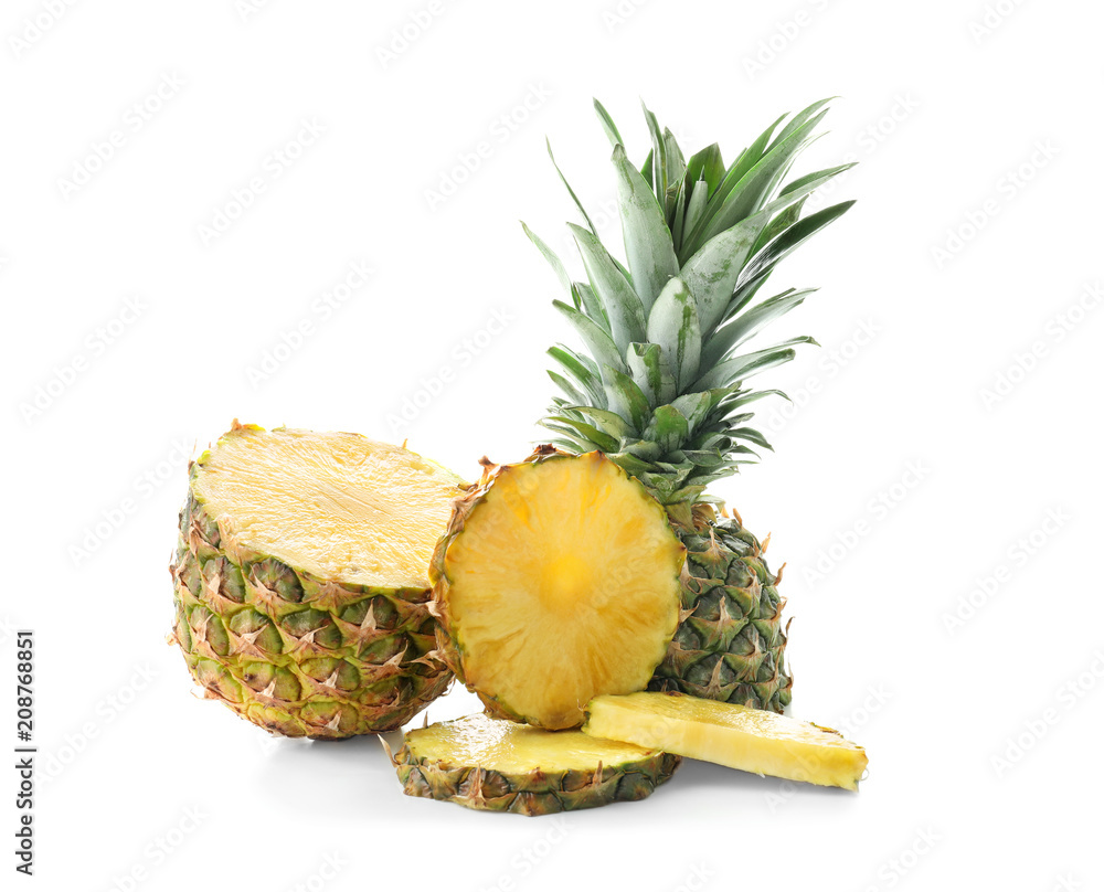 Delicious sliced pineapple on white background