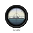 Periscope of submarine. Military weapon view. Sea battle. Warship image. Battleship in ocean. Vector illustration