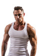© starsstudio - Handsome athletic muscle man in white tank top shirt isolated on white, looking at camera