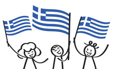 Cheering Group Of Three Happy Stick Figures With Greek National Flags, Smiling Greece Supporters, Sports Fans Isolated On White Background