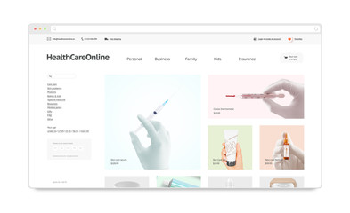 Wall Mural - Medicine webstore site template mock up isolated, 3d rendering. Health care web page interface mockup. Iatric internet website template. Web store screen layout for computer display