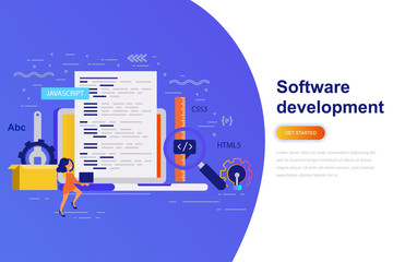 Software development modern flat concept web banner with decorated small people character. Landing page template.