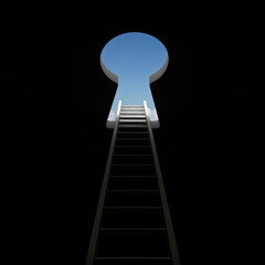Poster - Ladder and keyhole to the bright light sky solution concept . 3D rendering.