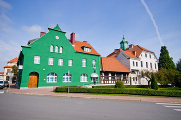 Canvas Print - Tenement houses in Mragowo, Poland