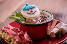 Christmas Concept Snowman Cookie In Hot Cocoa Chocolate Red Mug