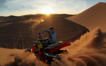 Shot Of The Professional Motocross Rider Riding On His Motorcycle On The Extreme Off-Road Terrain Track.