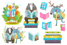 Cute Forest Animals Friends With Books Studying. Vector Illustration.