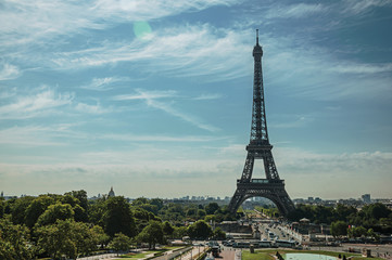 Wall Mural - Seine River, Eiffel Tower and gardens under sunny blue sky, seen from the Trocadero in Paris. Known as the “City of Light”, is one of the most impressive world’s cultural center. Northern France.