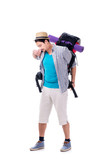Fototapeta Las - Backpacker with large backpack isolated on white