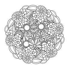 Adult coloring page with flowers pattern. Black and white doodle wreath. Floral mandala. Bouquet line art vector illustration isolated on white background. Round design element