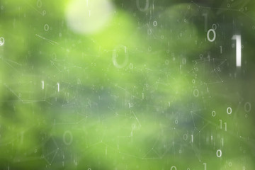 Blurry green colored nature bokeh with artistic binary numbers network cyberspace background. Selective focus used.