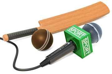 Wall Mural - Cricket News concept. Microphone sport news with cricket ball and bat, 3D rendering