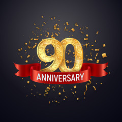 Wall Mural - 90 years anniversary logo template on dark background. Ninety celebrating golden numbers with red ribbon vector and confetti isolated design elements