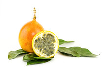Granadilla Whole And A Half Of Fruit Sweetly Sour Filling Freshens On Green Leaves