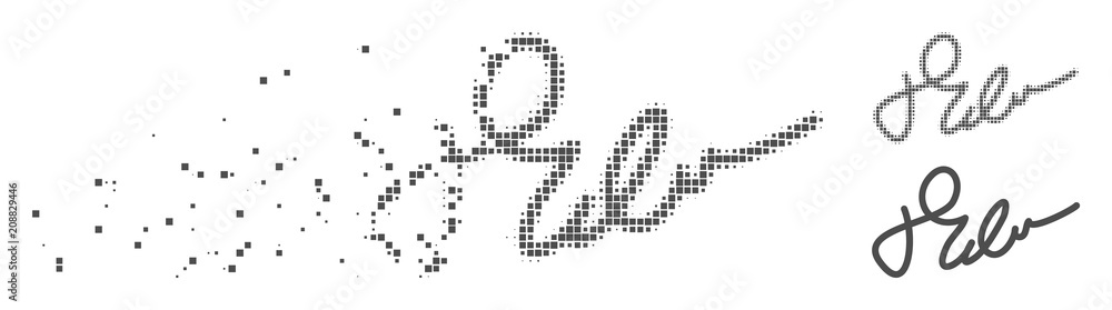 Gray vector signature icon in fractured, pixelated halftone and ...