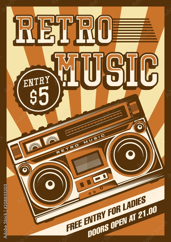 Vetor Retro Boombox Music Tape Recorder Radio Old Vintage Signage
