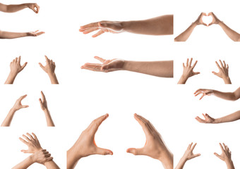 Man hand with the various gesture, open hand, pointing finger, hitting each other, fingers crossed, hold, grab, catch, fist, showing numbers. Isolated on white background. Collage of set photos.