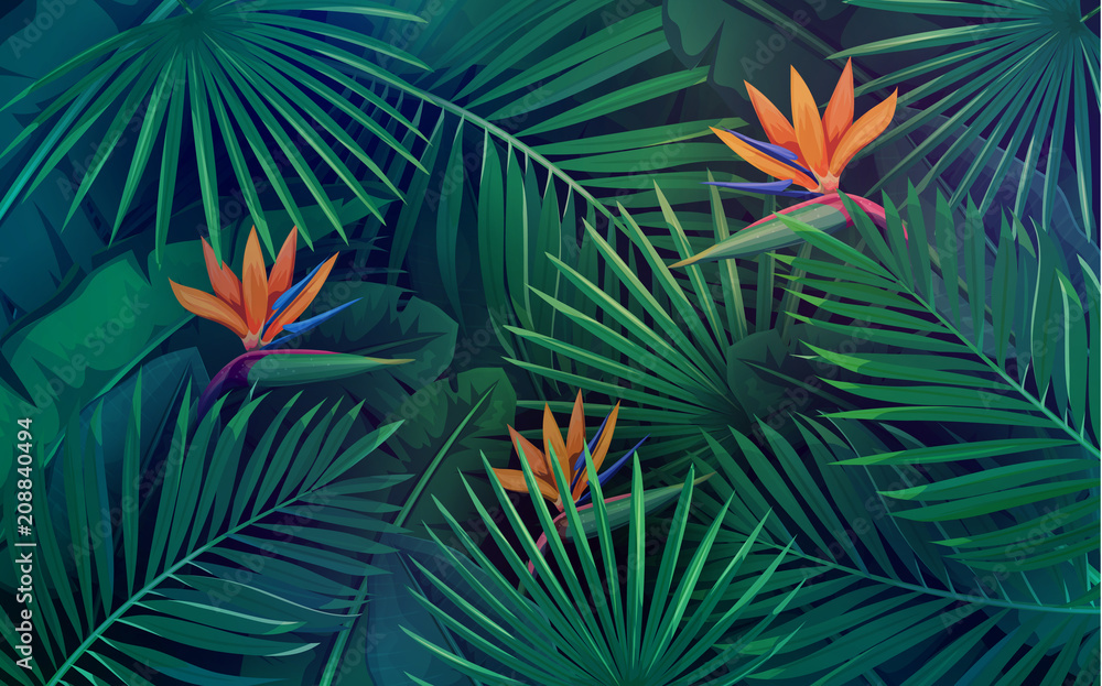 tropical leaves seamless pattern - obrazy, fototapety, plakaty 