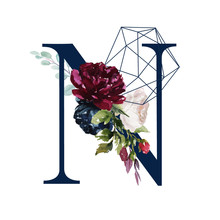 Floral Alphabet - Letter N With Flowers Bouquet Composition And Delicate Navy Geometric Shape Crystal. Unique Collection For Wedding Invites Decoration And Many Other Concept Ideas.