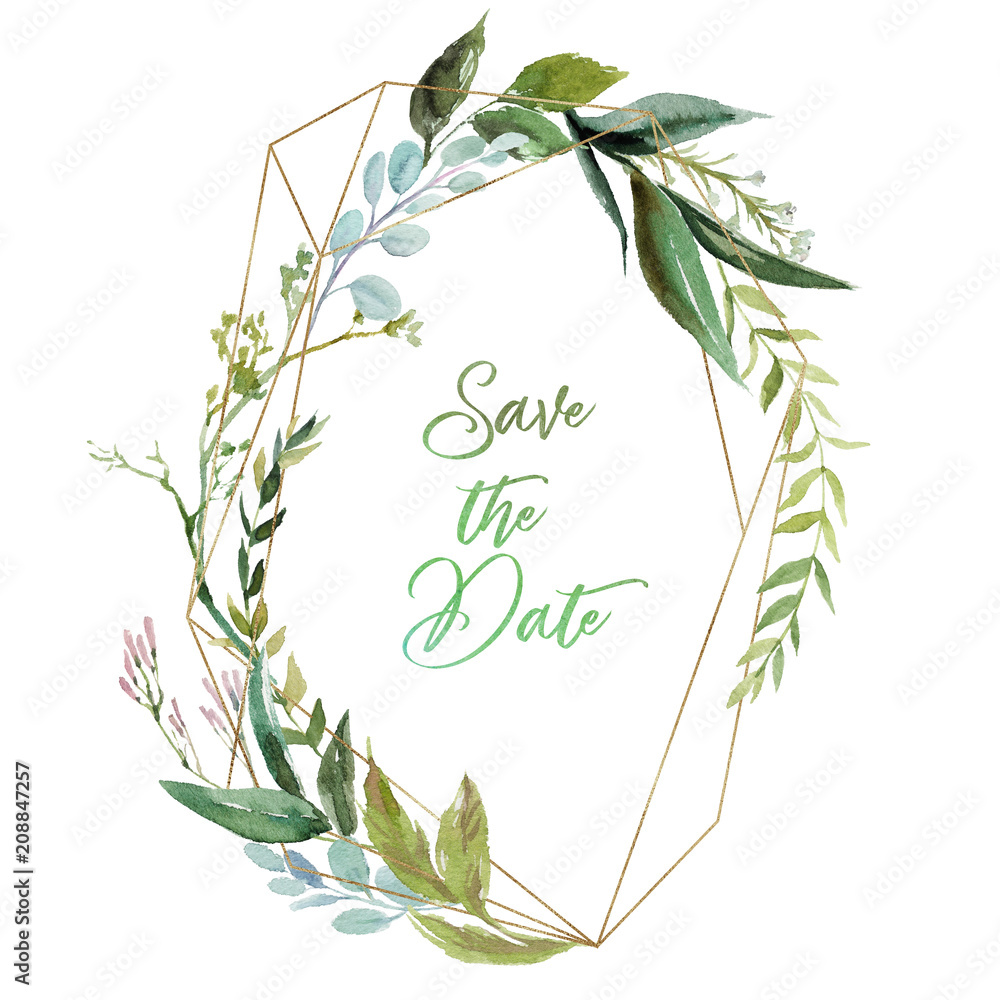 Watercolor floral illustration - leaf wreath / frame with gold ...