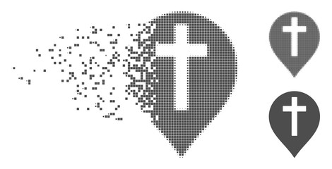 Wall Mural - Gray vector Christian cross marker icon in dispersed, dotted halftone and undamaged solid variants. Disintegration effect uses rectangular particles.