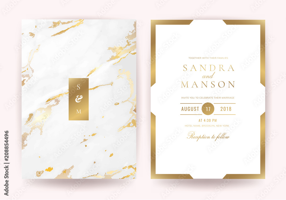 Wedding invitation cards with Luxury gold marble texture background and geometric pattern vector design template - obrazy, fototapety, plakaty 