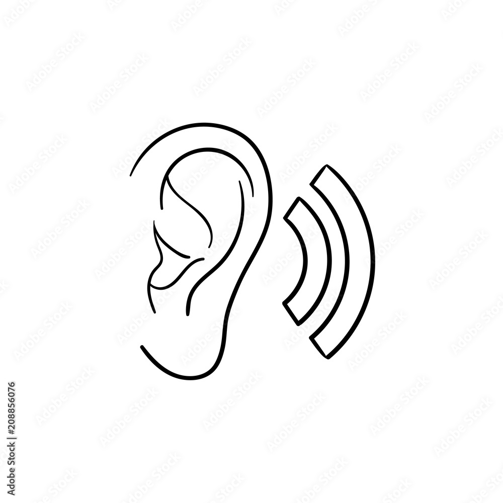 Human ear with sound waves hand drawn outline doodle icon. Human ear as ...