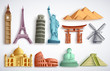 Travel landmarks vector illustration set. Famous world destinations and monuments of different city attractions for tourists and travelers in white background.
