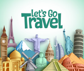 Wall Mural - travel and tourism vector background design with let's go travel text and famous landmarks and touri