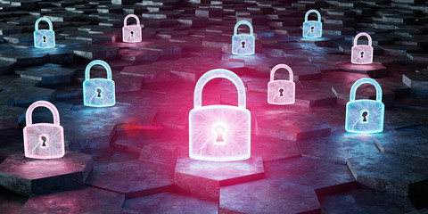 Black blue and pink padlock icon on hexagons background 3D rendering