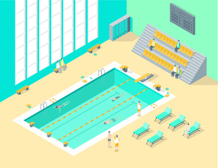 Wall Mural - Indoors Swimming Pool Interior with People Isometric View. Vector